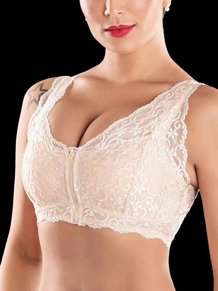 Front Zipper Wireless Lace Bra