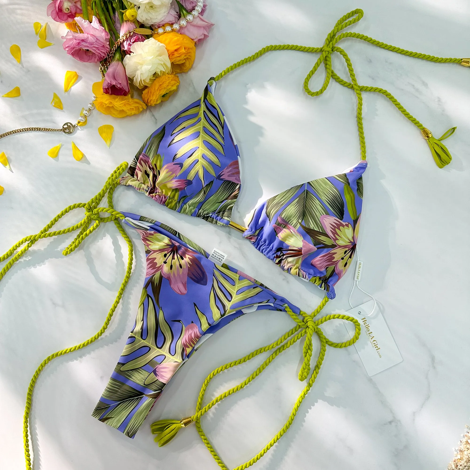 Green Leaves Swivel Strip U-shaped High Waist Bikini Set
