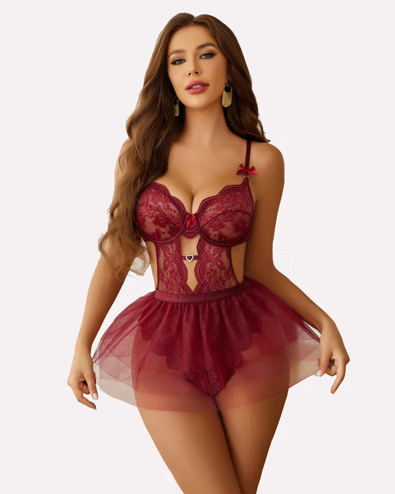 Lace Bodysuit with Mesh Mini Skirt (DE Only)