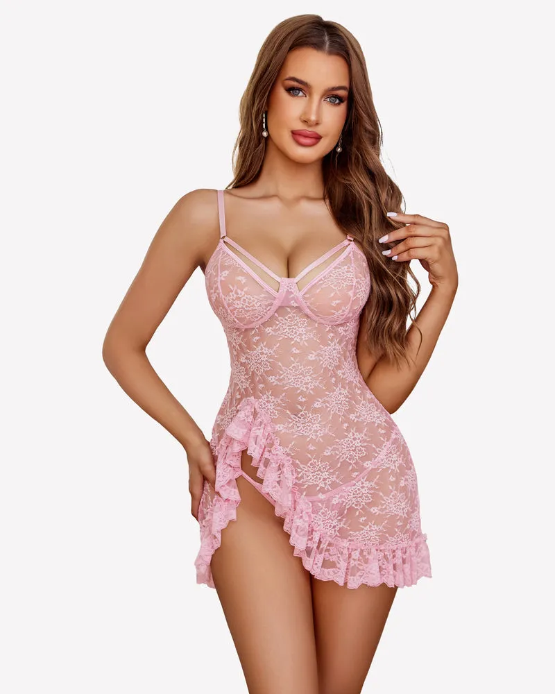 Lace Mesh Ruffle Hem Sleep Dress