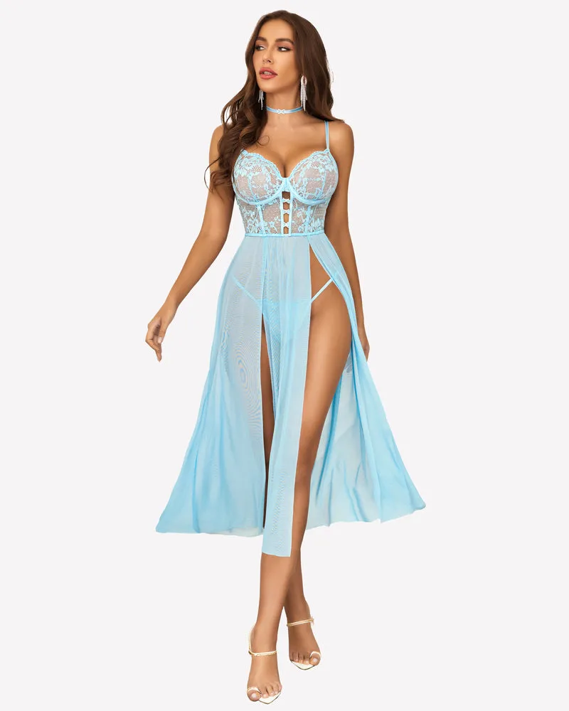 Lace Mesh Side Split Nightgown