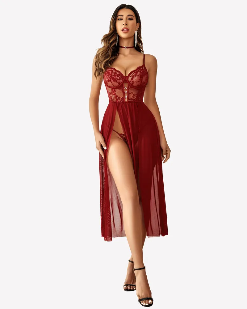 Lace Mesh Side Split Nightgown