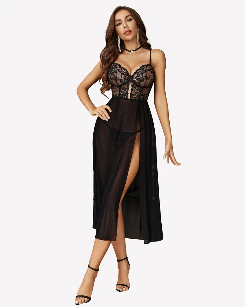 Lace Mesh Side Split Nightgown