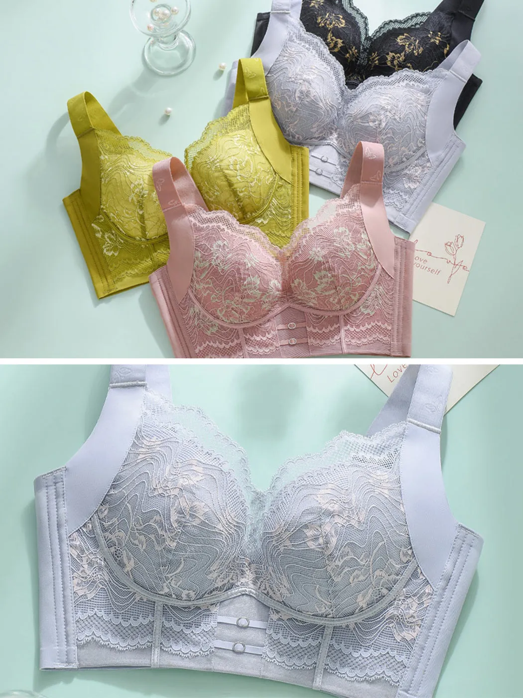 Lace Thin Back-Support Push-Up Wireless Bra with Side Support