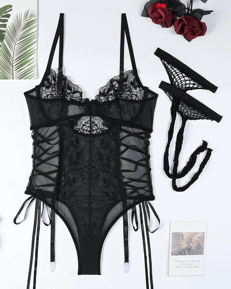 Lace Tie Lingerie Bodysuits With Stockings