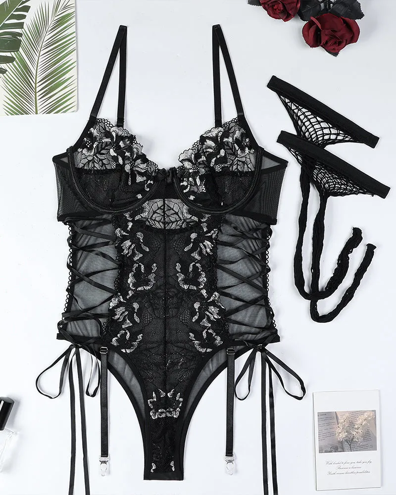 Lace Tie Lingerie Bodysuits With Stockings