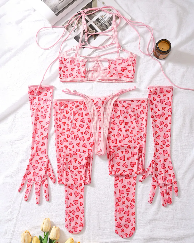 Leopard Mesh Gloves and Leg Socks Lingerie Set