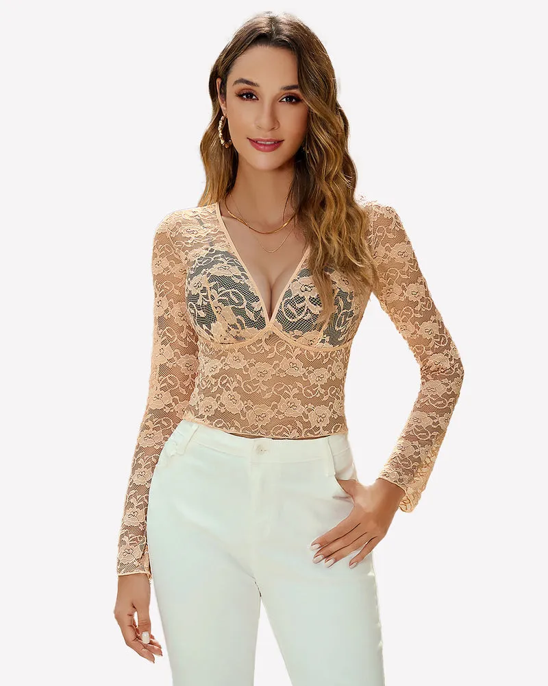 Mesh Long Sleeve Blouse Floral Lace Top