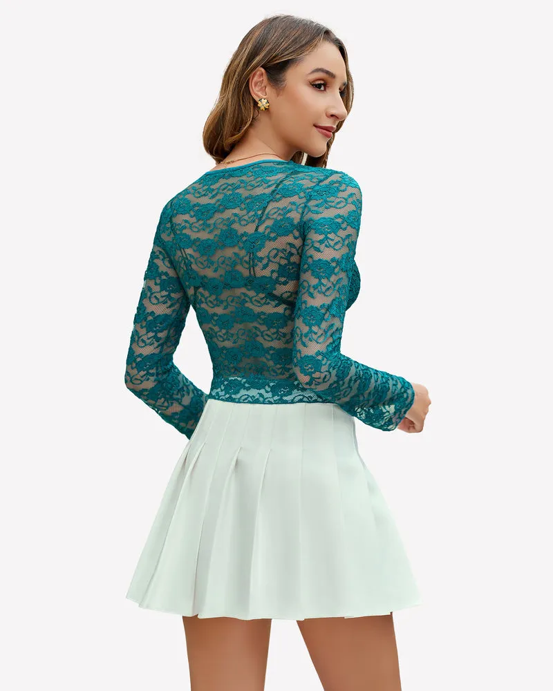 Mesh Long Sleeve Blouse Floral Lace Top