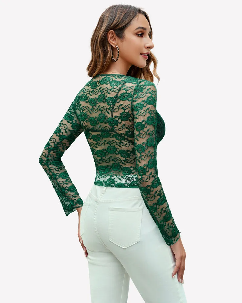 Mesh Long Sleeve Blouse Floral Lace Top