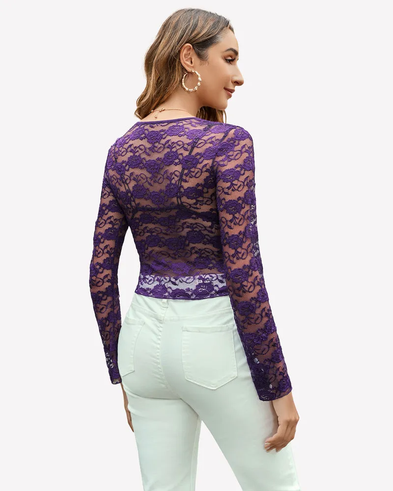 Mesh Long Sleeve Blouse Floral Lace Top