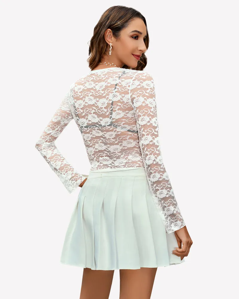 Mesh Long Sleeve Blouse Floral Lace Top