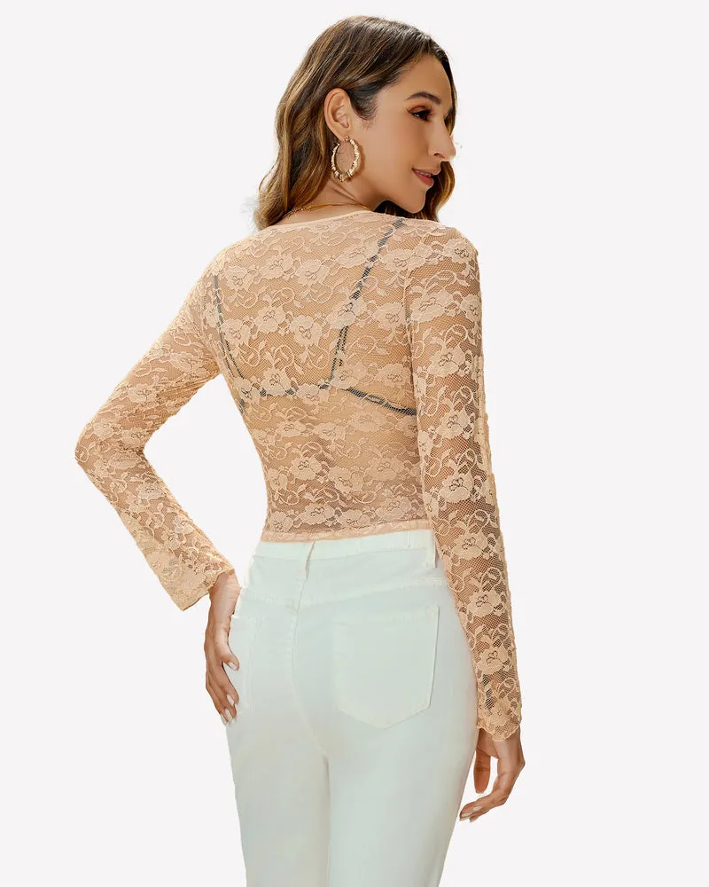 Mesh Long Sleeve Blouse Floral Lace Top