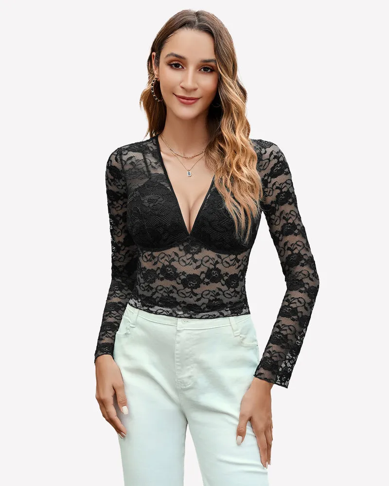 Mesh Long Sleeve Blouse Floral Lace Top