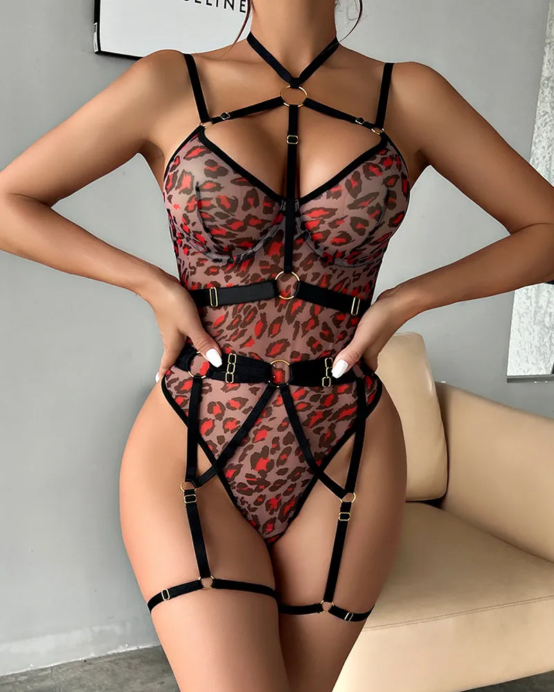 Mesh Straps Bodysuit with Steel Ring