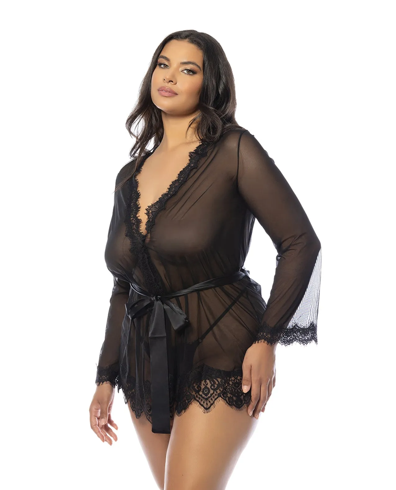Oh la la Cheri Queen Eyelash Lace Sheer Mesh Provence Short Robe Black