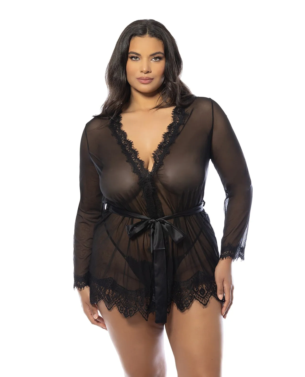 Oh la la Cheri Queen Eyelash Lace Sheer Mesh Provence Short Robe Black