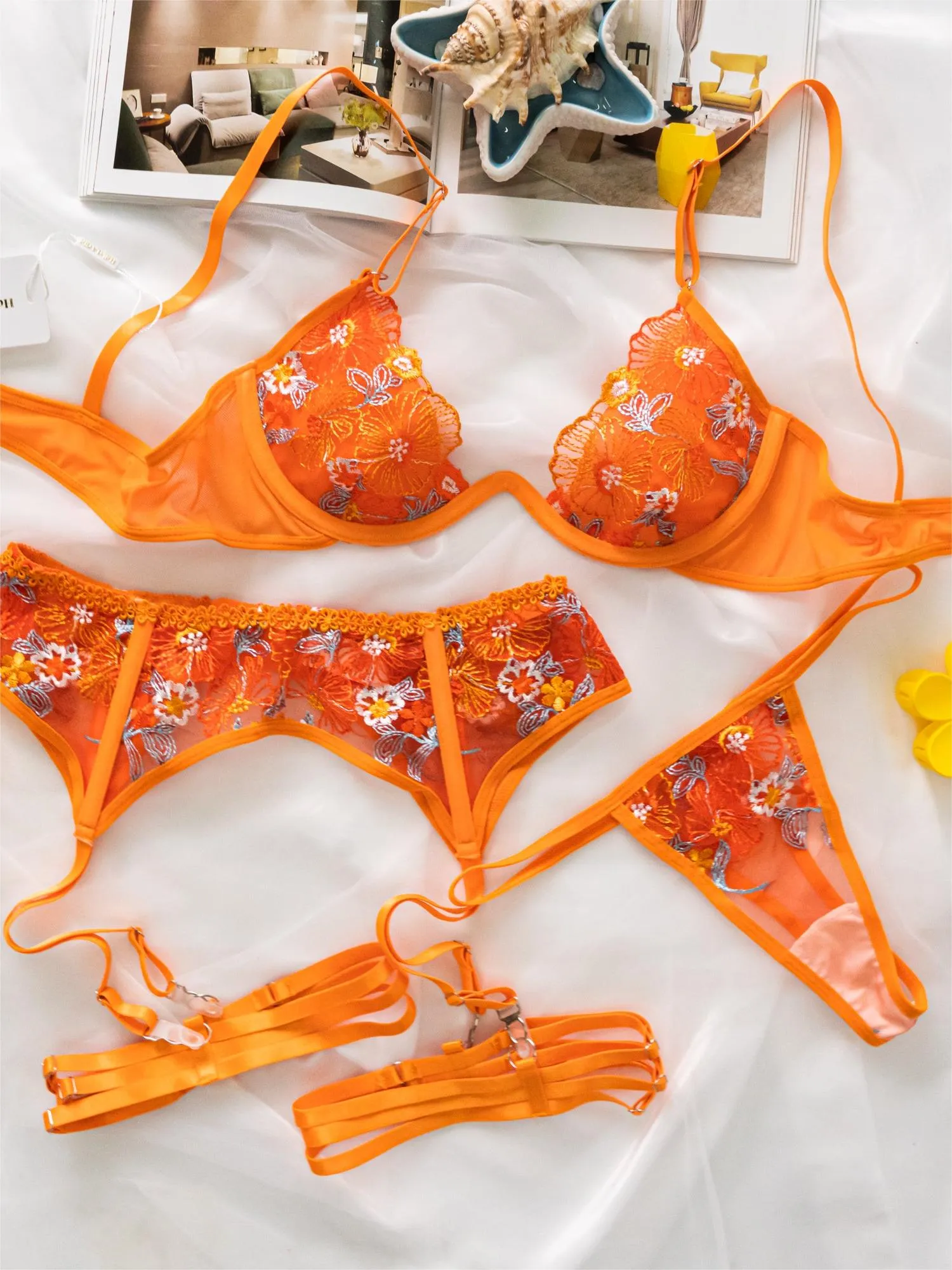 Orange Flowers Embroidered Mesh Sheer Lingerie Set