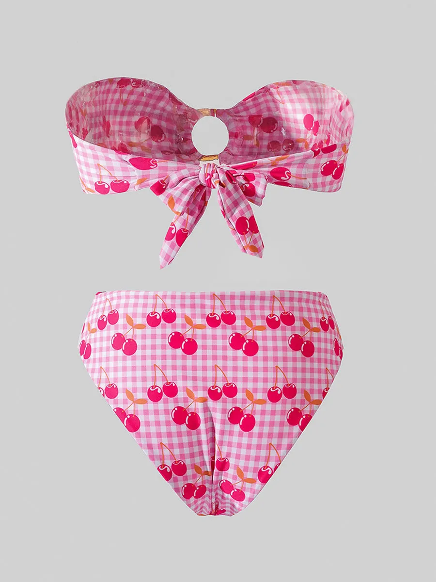 Pink Cherry Double layer High-Waisted Bikini Set