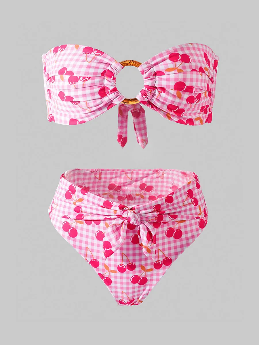 Pink Cherry Double layer High-Waisted Bikini Set