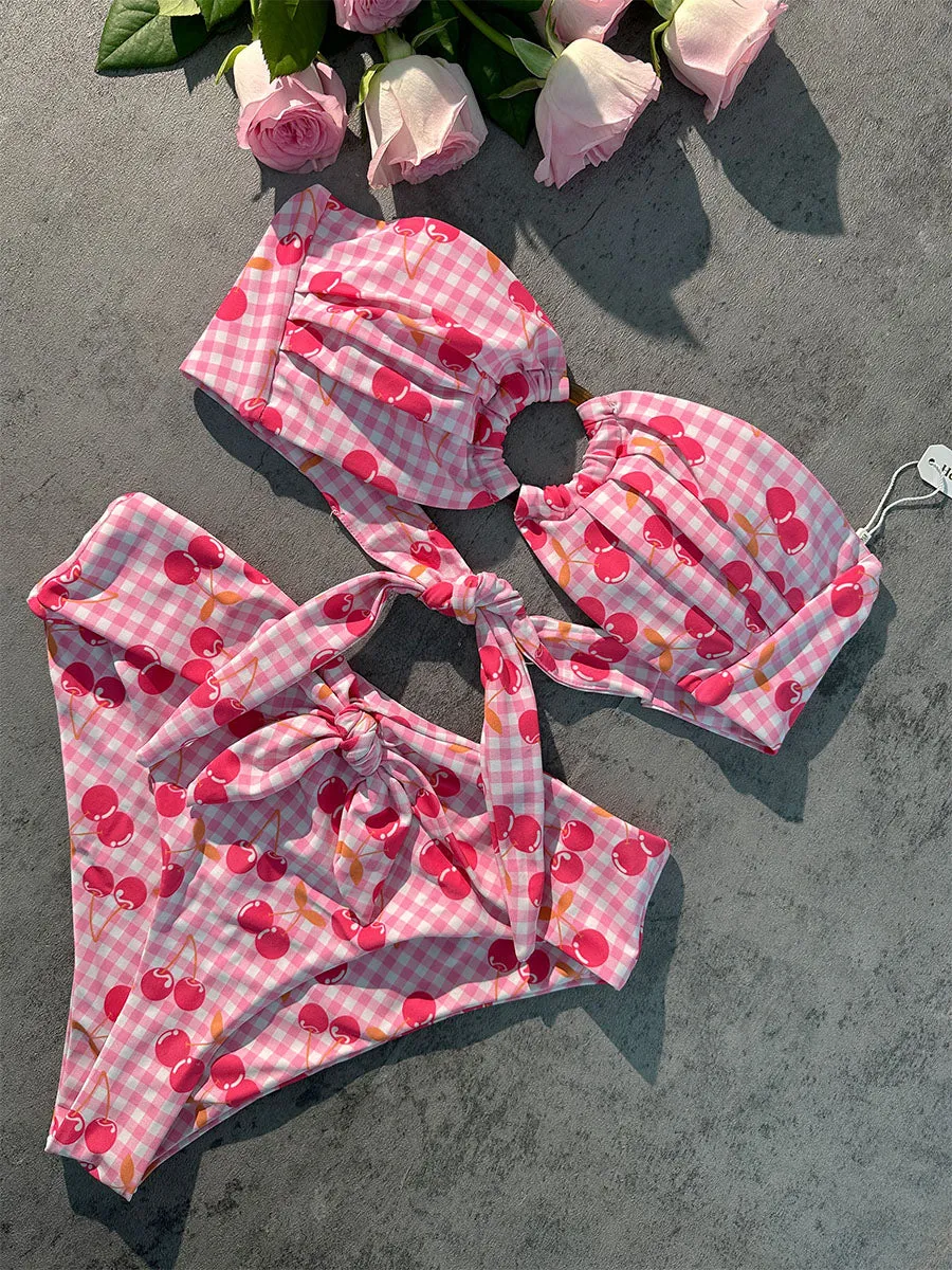 Pink Cherry Double layer High-Waisted Bikini Set