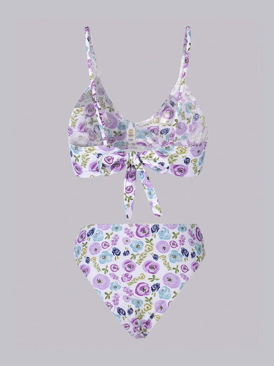 Purple &Green Floral Double layer High-Waisted Bikini Set