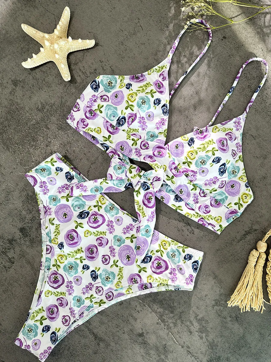 Purple &Green Floral Double layer High-Waisted Bikini Set