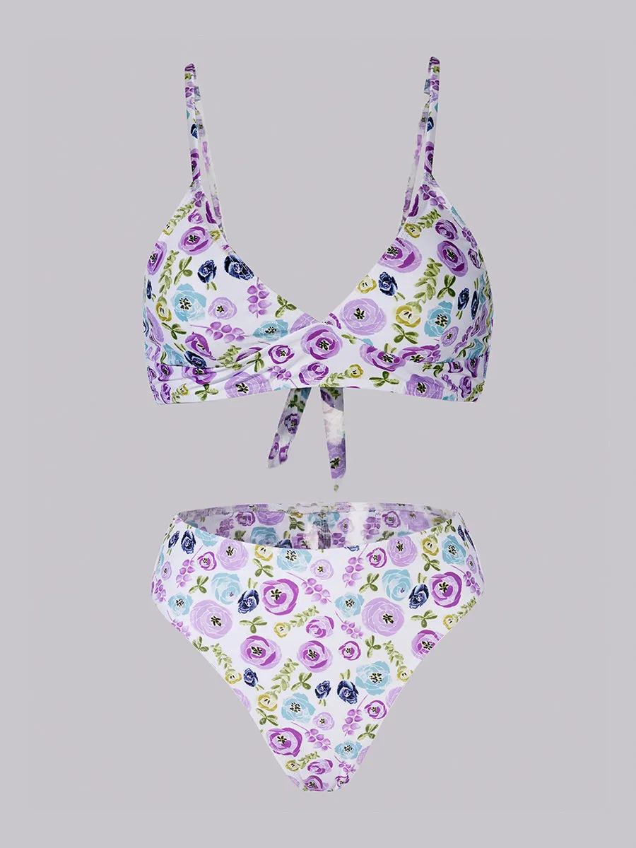 Purple &Green Floral Double layer High-Waisted Bikini Set