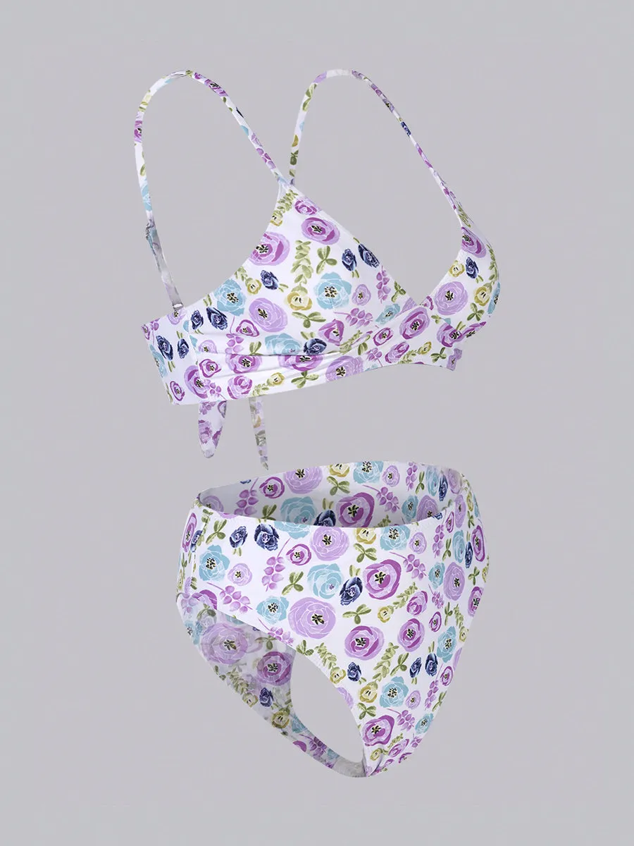 Purple &Green Floral Double layer High-Waisted Bikini Set