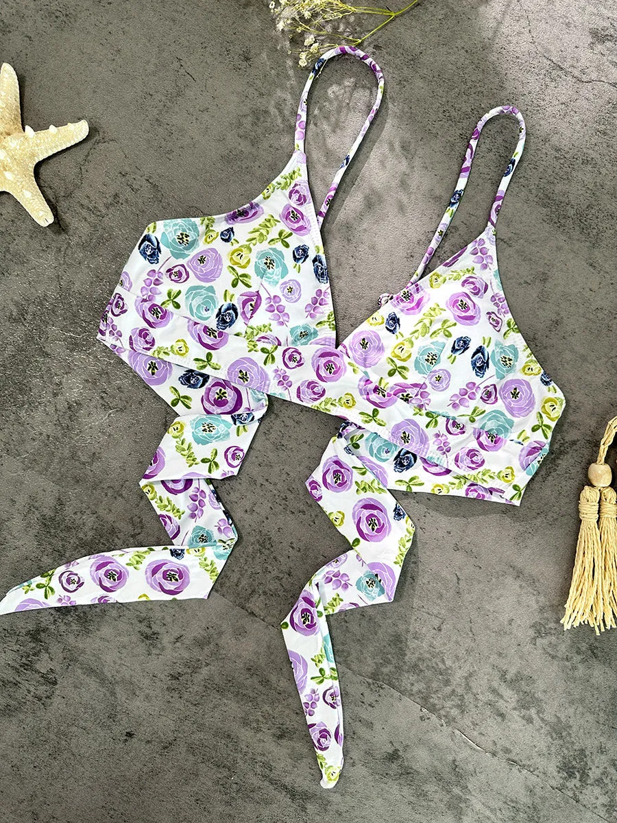 Purple &Green Floral Double layer High-Waisted Bikini Set