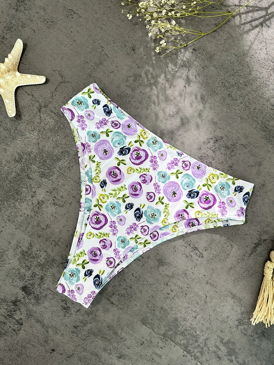 Purple &Green Floral Double layer High-Waisted Bikini Set