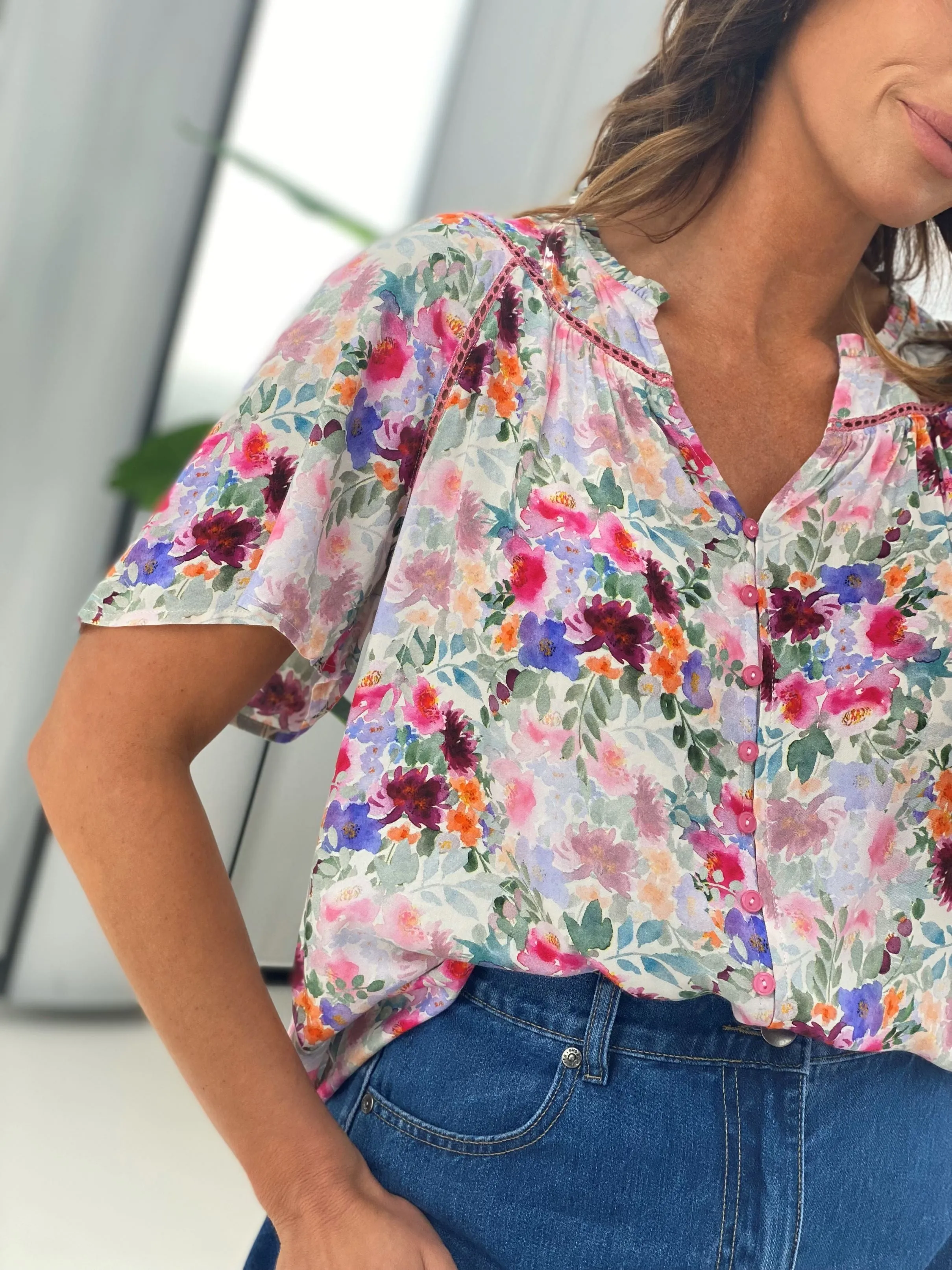 Silver Wishes Serena Lace York Top Pink Floral